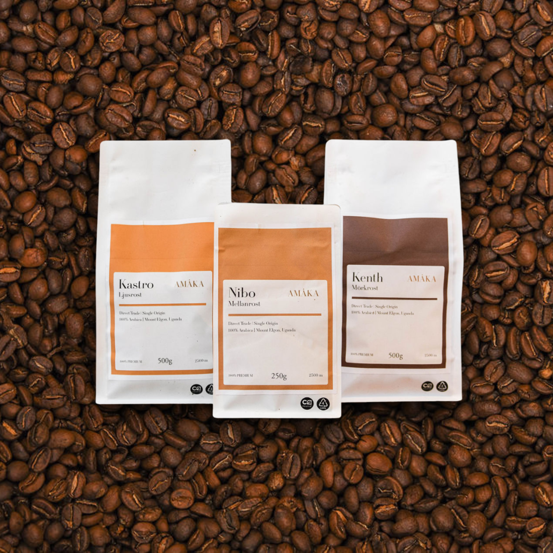 AMÁKAs tre kaffe KASTRO, NIBO och KENTH i olika rostningsgrader